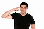 man in black T-shirt shows gesture crazy isolated on white background