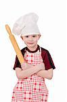 boy in chef's hat stand crossed arms isolated on white background