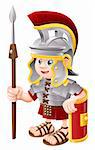 Illustration of a cute happy Roman soldier holding a spear and a shield