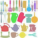 Colourful silhouettes of Kitchen utensils and objects