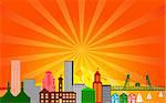 Portland City Oregon Skyline Panorama Color Silhouette with Sun Rays Clip Art Illustration