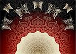 Black-red elegance frame with translucent pattern and gold butterflies (vector EPS 10)