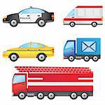 Set of different types of cars including police car, ambulance, taxi, post van and fire truck. Also available as a Vector in Adobe illustrator EPS 8 format, compressed in a zip file.