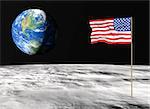 closeup of the American flag on the lunar surface with the planet Earth in the background