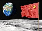 closeup of the chinese flag on the lunar surface with the planet Earth in the background