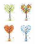 Four seasons - spring, summer, autumn, winter. Art trees in pots for your design