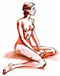 Nude girl posing, nude art, hand drawn with pencil and ink