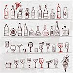 Set of alcohol's bottles and wineglasses on grunge background
