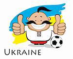 Smiling cartoon man (cossack)in ukrainian traditional clothes with soccer ball  showing thumbs up. Ukrainian flag in background. Separate layers.