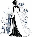 Ornate Bride  Silhouette on floral background and gothic castle