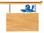 Cute bluebird sitting on hanging sign showing what it says with his wing