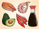 Sushi ingredients hand drawn vector set on a beige background