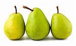 Three ripe green pears arranged on white background