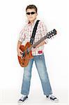 Boy playing with a guitar over white