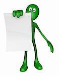 green guy is holding blank paper sheet - 3d illustration