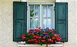 Bavarian Window With Open Wooden Shutters, Decorated With Fresh Flowers