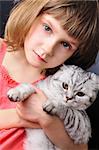 beaituful child girl with her pet cat together