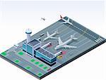 Detailed isometric airport – buildings, airplanes, helicopters and other machinery