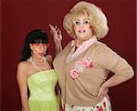 Exceited woman with drag queen wearing thick eyeglasses