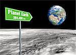 Green signpost on the lunar surface indicating the distance remaining from the planet earth