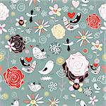 Seamless bright floral pattern with birds on a blue background