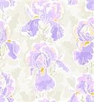 Seamless floral pattern with hand-drawn iris in batic style.