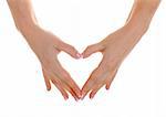 Female hands with nice french manicure show heart
