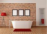 Vintage bathroom with white simple bathtub and  brick wall - rendering