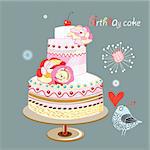 Bright colored birthday cake with a bird on a dark blue background