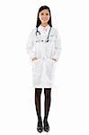 Fullbody mixed race pan asian female doctor portrait isolated on white background