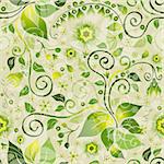 Seamless floral green pattern with flowers and vintage curls (vector eps 10)