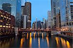 Image of Chicago downtown riverfront at sunset.