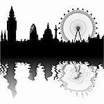 Image of the panorama of London - Big Ben, Big Wheel - mirroring. This file is vector, can be scaled to any size without loss of quality.