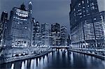 Image of the Chicago downtown riverside at night.