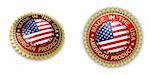 Two shiny seals with Made in the USA text on them over white background