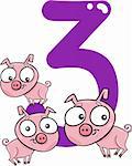 cartoon illustration with number three and pigs