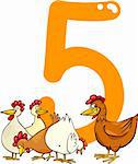 cartoon illustration with number five and hens