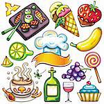 Set of colorful Food icons featuring sushi plate, ice cream, chocolate dipped strawberry, fresh banana,  lemon or lime, grapes, cupcake topped with cherry, cream soup in a beautiful cup, sweet lollipop, bottle of wine and a glass, and a chef hat with the space for your text. Ready to eat food icons isolated on white background.