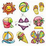 vector colorful set of sea vacation icons, 9 pictures: cheerful sun with smiley face, beach ball, basket with sand, swimming suit, slippers, island with palms, icecream