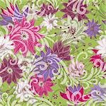 Seamless floral green pattern with colorful vintage flowers and translucent curls (vector eps 10)