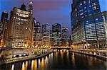 Image of the Chicago downtown riverside at night.