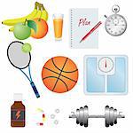 Objects for fitness, natural food, tools, vitamins on the white background. Also available as a Vector in Adobe illustrator EPS 8 format, compressed in a zip file.