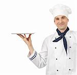 Professional chef man. Isolated over white background.