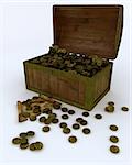 3D render of Treasure chest full of gold coins with map and key