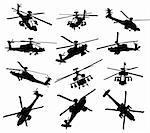 AH-64 Apache Longbow helicopter silhouettes set. Vector on separate layers.