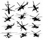 Mi-24 Hind combat helicopter silhouettes set. Vector on separate layers.