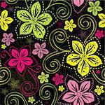 Seamless floral dark pattern with vivid colorful vintage flowers curls (vector)