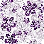 Seamless floral white pattern with violet vintage flowers curls (vector)