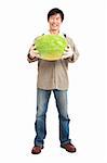 happy asian farmer holding watermelon full length isolated on white