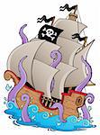 Old pirate ship with tentacles - vector illustration.